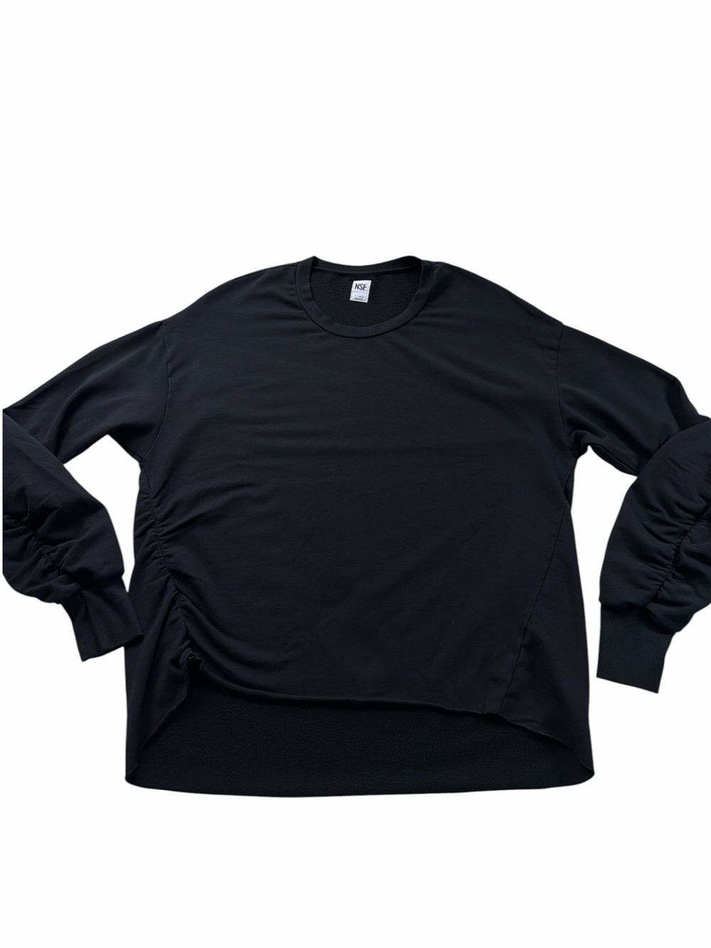 NSF Women's Oversized Black Long-Sleeve Crewneck Shirt Ruched Sleeves Large